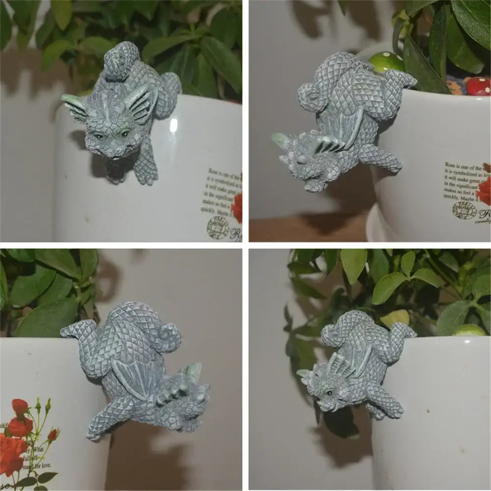 Gray dragon-shaped plant pot clip with textured scales and small wings for decorbites dino garden sculpture outdoor decor