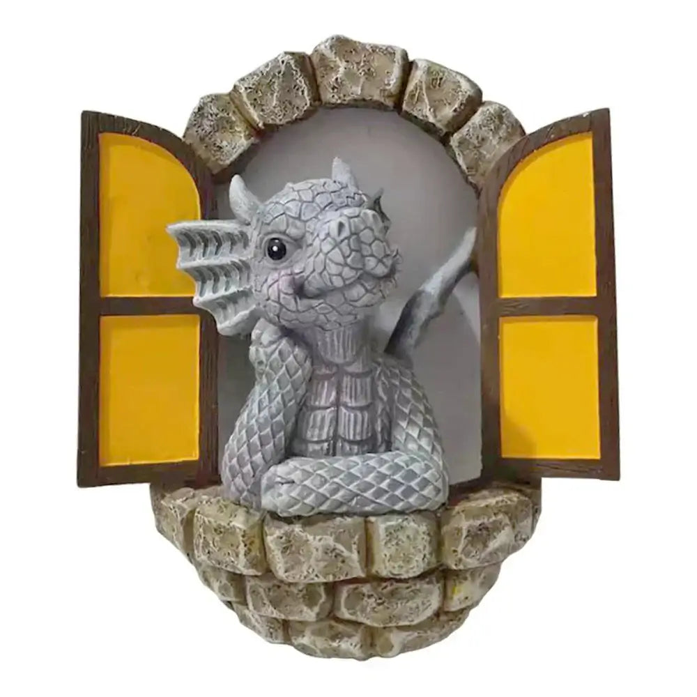 Gray dragon dino garden sculpture with textured scales nestled in stone archway for outdoor fun dinosaur decorbites decor