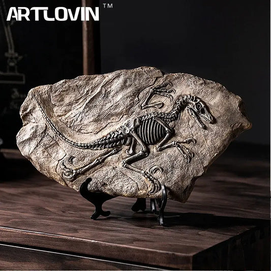 Artlovin™ dinosaur fossil resin craft sculpture with detailed skeletal imprint on textured stone and dark metallic stand decorbites dinosaur fossil