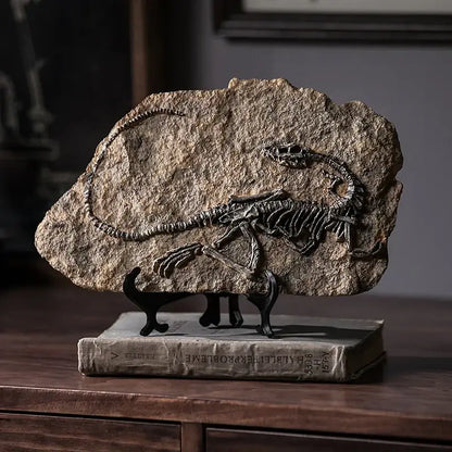 Dark gray dinosaur fossil resin sculpture embedded in beige rock slab for office desk decorbites dinosaur fossil craft