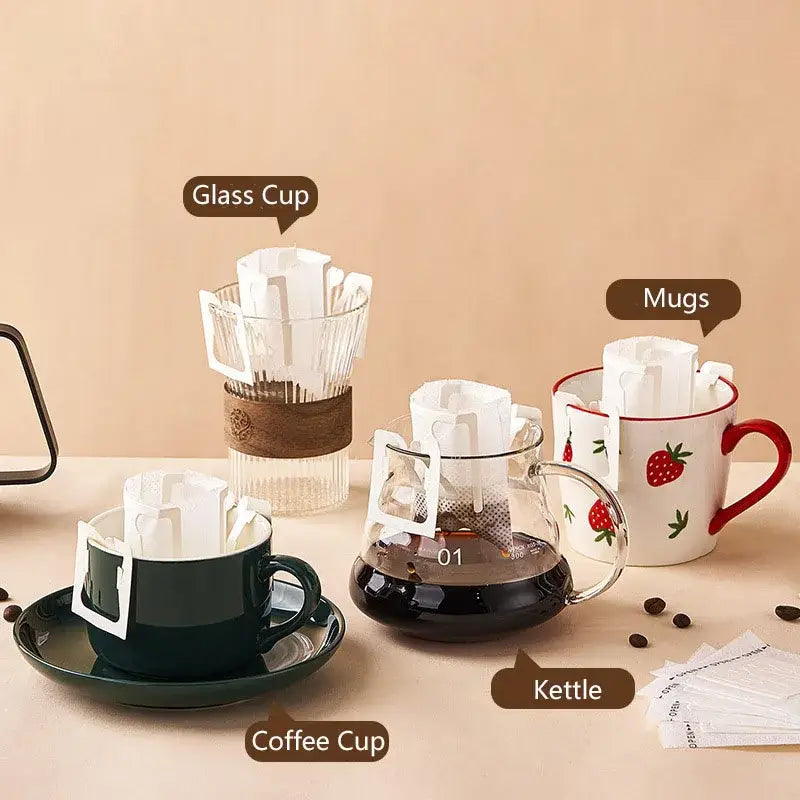 Clear glass coffee kettle with handle and measurement markings used with disposable coffee filter cup kitchen drip bag