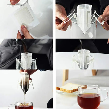 White paper disposable coffee filter cup with mesh design and metal frame handle for filter cup drip brewing