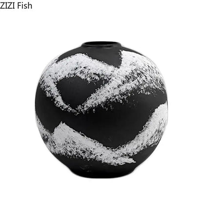 Black ceramic painting vase with textured white abstract brushstroke patterns for living room decorbites ink painting decor