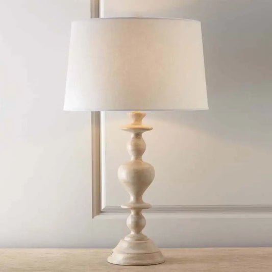 DecorBites tapered fabric table lamp cream distressed wood base white shade ideal for bedroom nightstands 110v-120v compatible