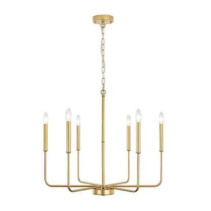 Gold-finished decorbites iron candle chandelier with eight candle-style bulbs in sleek modern design for dining room decor