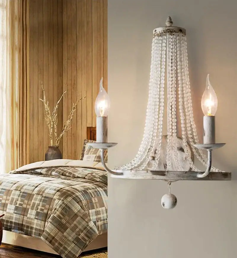 Distressed white crystal tassel wall lamp with distressed metal frame and candle light for bedroom decorbites crystal tassel