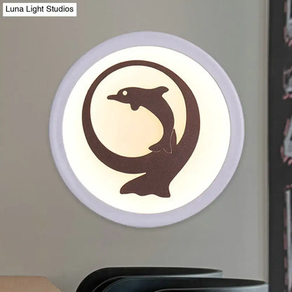 Dolphin iron white circular led ceiling light with smd bulb and dark brown dolphin silhouette for kids bedroom