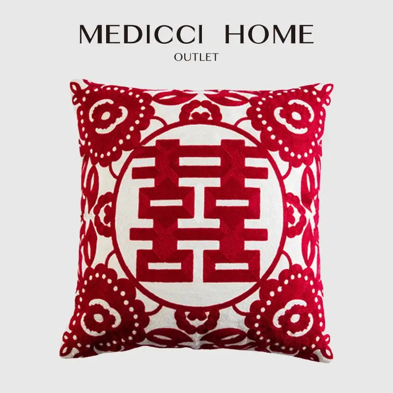 Red velvet lumbar pillow with double happiness embroidered red symbol and intricate floral patterns for bedroom decor