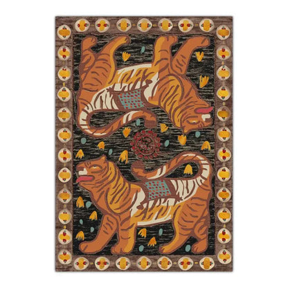 Rectangular bohemian moroccan rug featuring two stylized orange and white tigers with yellow floral motifs and circular borders