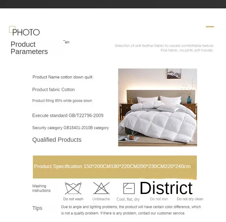 White cotton down quilt with 95 percent white goose down filling featuring soft comfortable texture for warm bedding