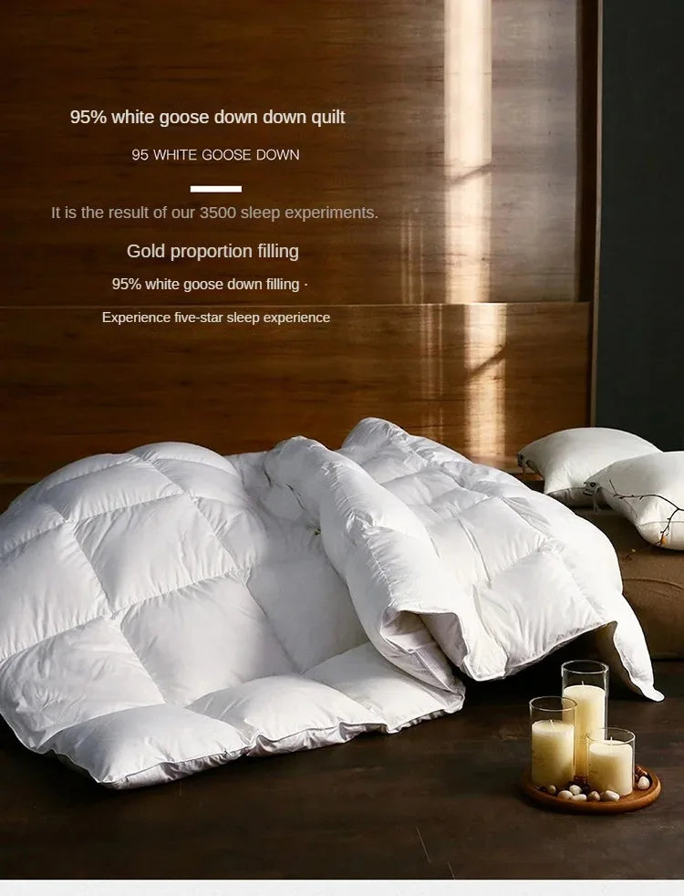 White 95% goose down quilt with plush puffy texture and diamond-quilted design for warm double single use