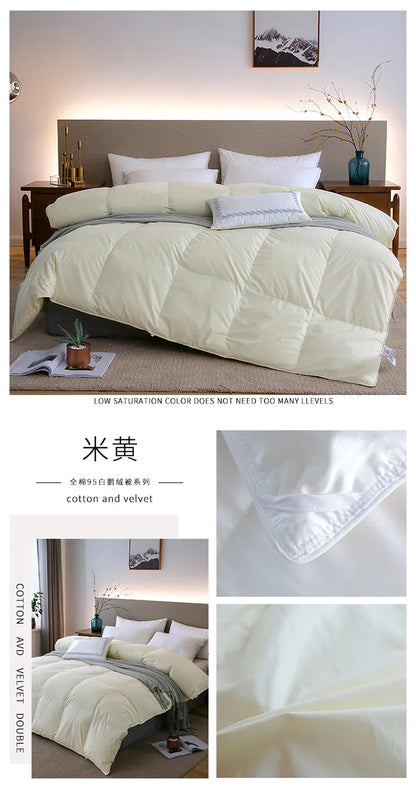 A soft pale yellow down duvet made of 95 white goose down cotton and velvet with subtle sheen for warm use