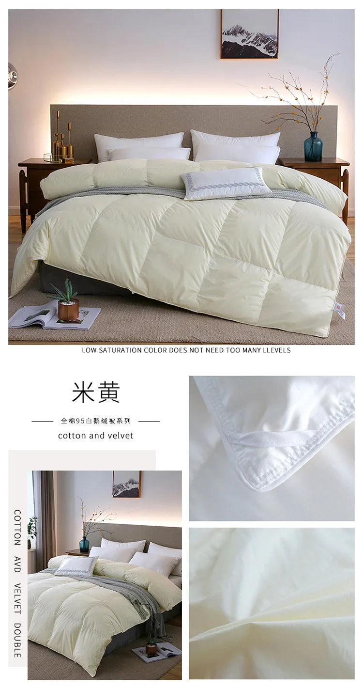 A soft pale yellow down duvet made of 95 white goose down cotton and velvet with subtle sheen for warm use
