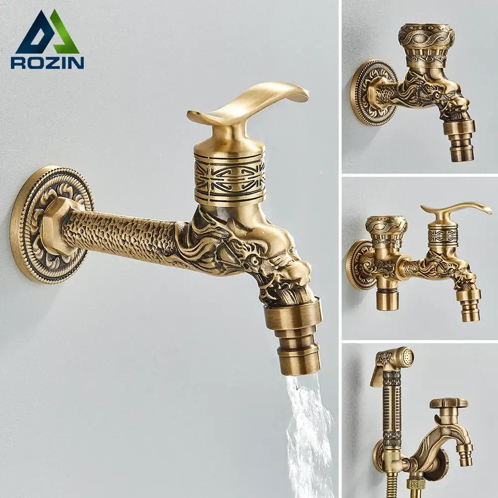 Antique brass bathroom wall mount faucet with dragon carved antique head and ornate decorbites dragon carved detailing