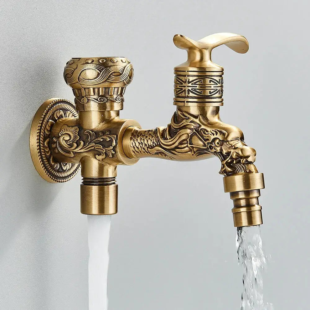 Antique brass dragon carved dual spout bathroom wall mount faucet with intricate floral embossing decorbites dragon carved