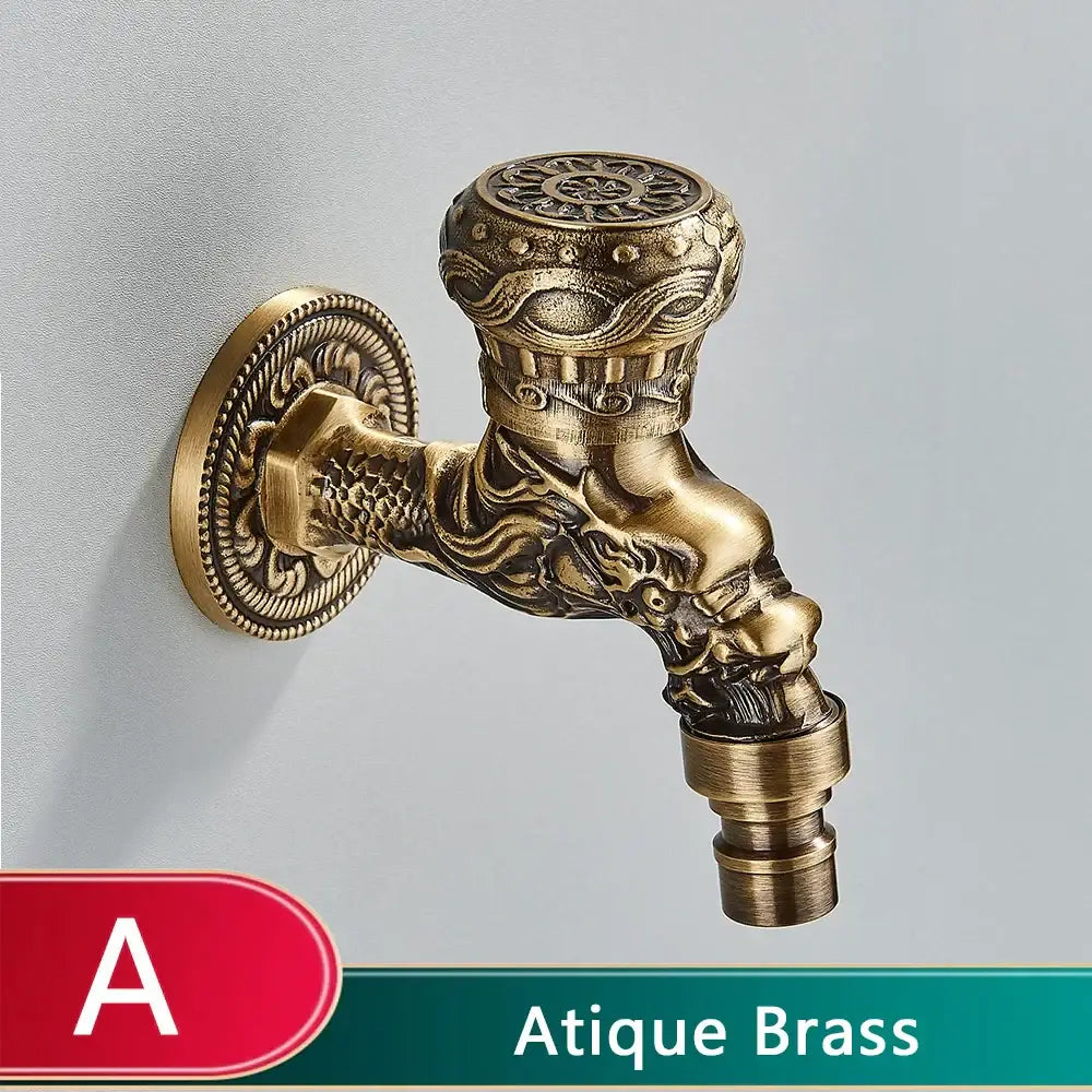 Antique brass bathroom wall mount faucet with intricate dragon carved design and ornate decorbites dragon carved details