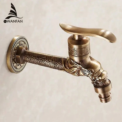 Antique bronze bathroom faucet featuring ornate decorbites dragon carved design with intricate embossed patterns