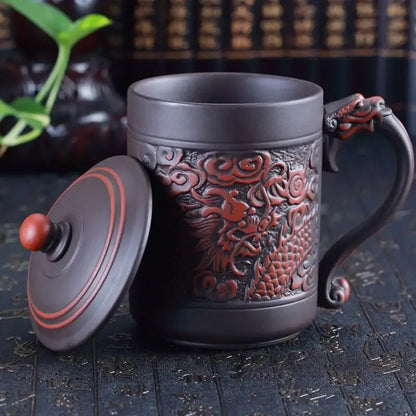Dark brown ceramic dragon phoenix thermo coffee mug with red dragon relief and ornate dragon head handle and lid
