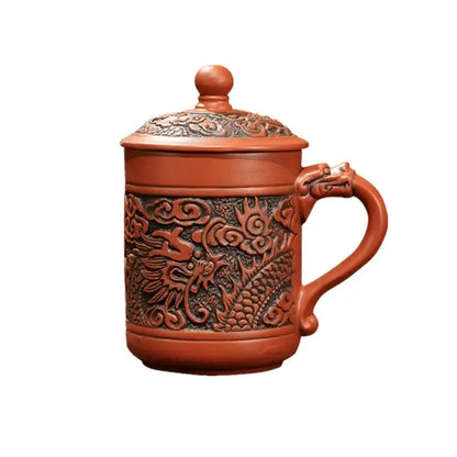 Terracotta ceramic dragon phoenix thermo coffee mug with intricate carvings and matching lid by decorbites dragon phoenix