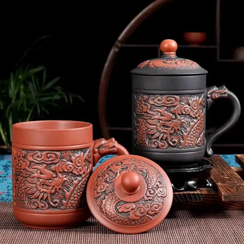 Red clay dragon phoenix thermo coffee mug with intricate carvings, matching lid and handle for kitchen travel use