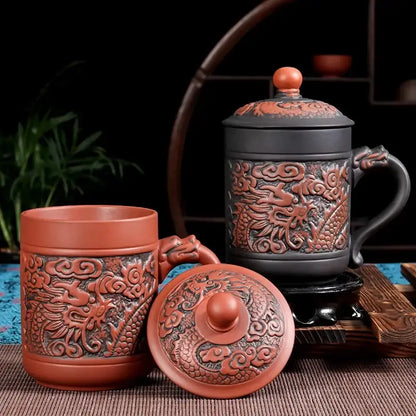 Red clay dragon phoenix thermo coffee mug with intricate carvings, matching lid and handle for kitchen travel use