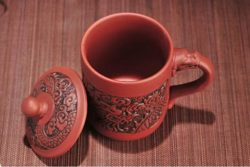 Red ceramic dragon phoenix thermo coffee mug with black dragon cloud patterns matching lid and sculpted handle decorbites dragon phoenix