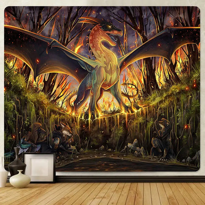 A vibrant dragon psychedelic art tapestry with orange and gold scales depicts a burning forest for bedroom decorbites decor
