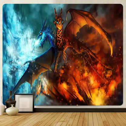 Vibrant decorbites dragon psychedelic art tapestry featuring blue icy and orange fiery dragons in fiery frost battle design