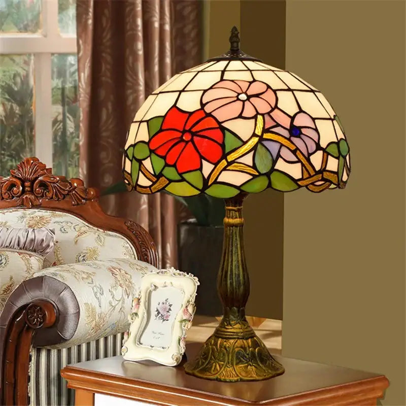 Decorbites dragonfly tiffany stained glass table lamp with vibrant red pink green floral shade and brass base for bedroom decor