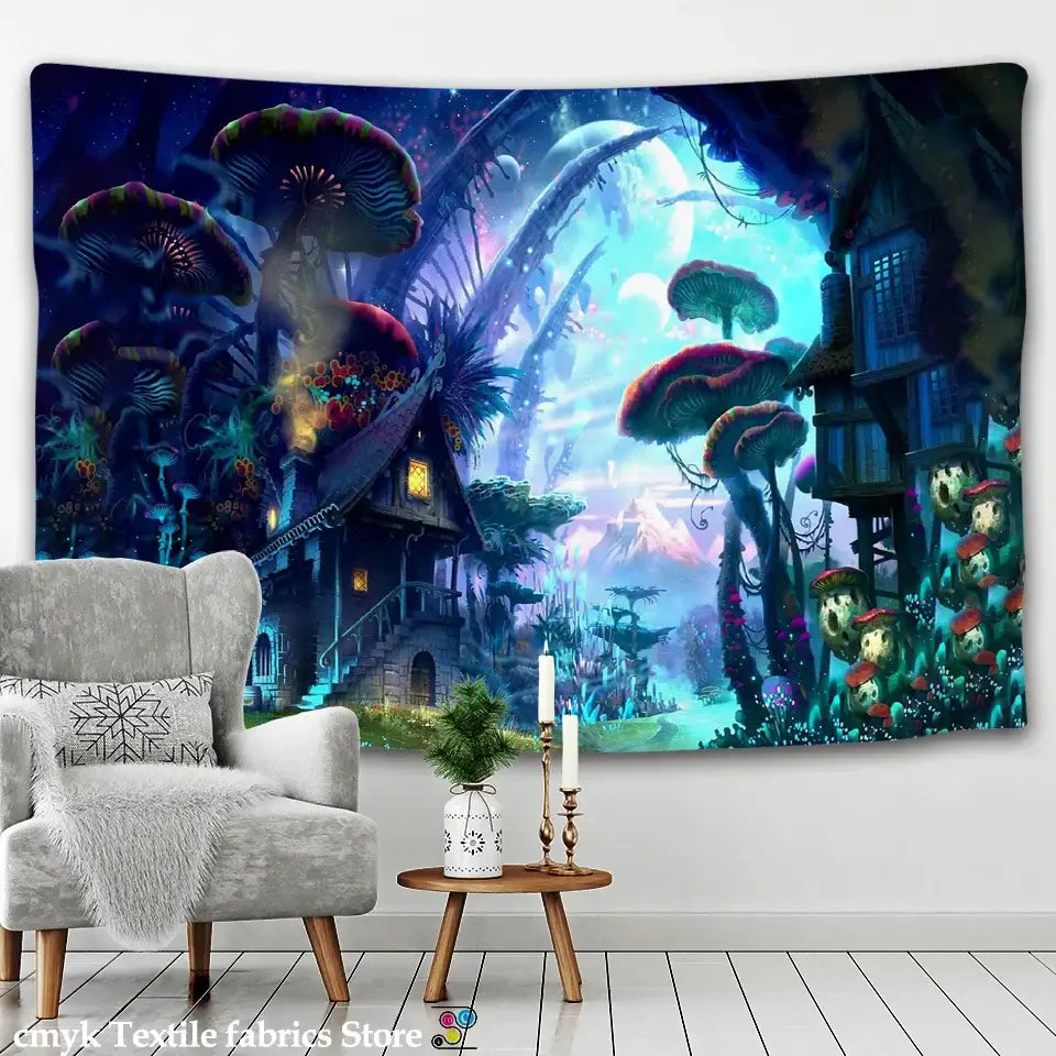 Vibrant dreamy castle mushroom tapestry with glowing blue and purple hues hanging as hippie bedroom decorbites wall hanging decor