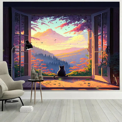 A black cat sits on a windowsill in the decorbites dreamy window cat tapestry vibrant sunset landscape wall cloth