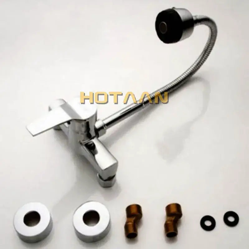 Chrome finished dual hole brass kitchen tap mixer with flexible gooseneck hose and black rubber nozzle by decorbites