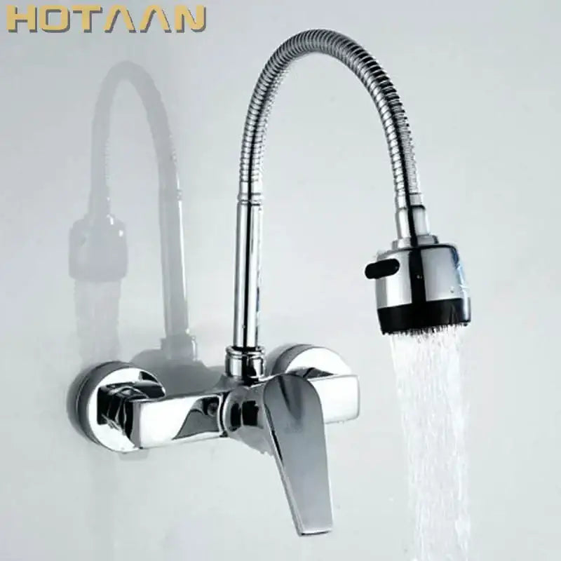 Chrome-finished dual hole brass chrome kitchen tap mixer with flexible gooseneck spout and black rubberized spray head decorbites dual hole