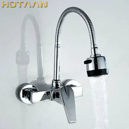 Chrome-finished dual hole brass chrome kitchen tap mixer with flexible gooseneck spout and black rubberized spray head decorbites dual hole