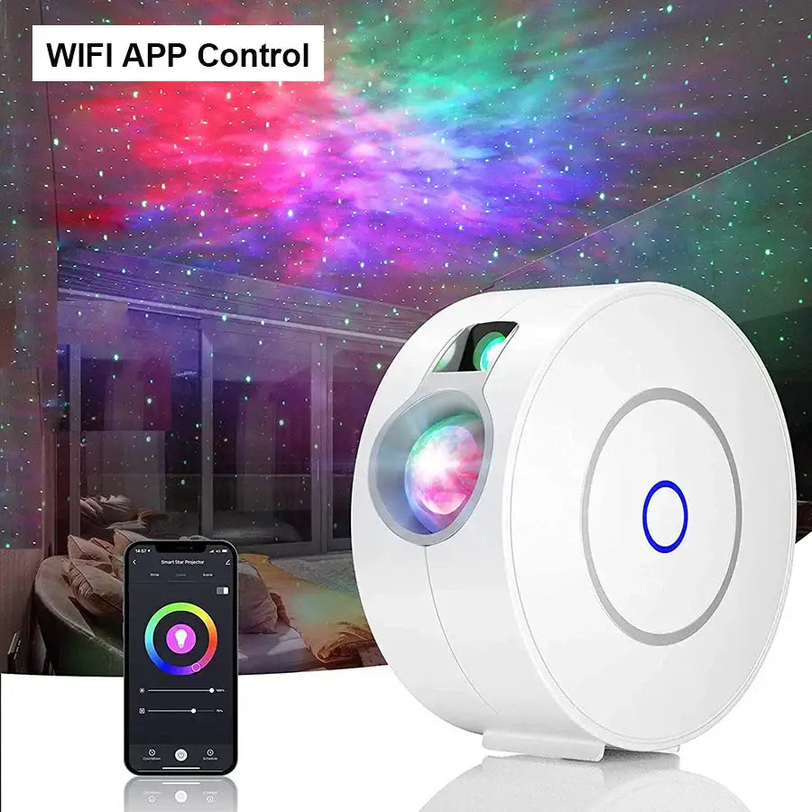 White circular dynamic galaxy star projector light with glowing lens and blue accent ring for bedroom ceiling decor