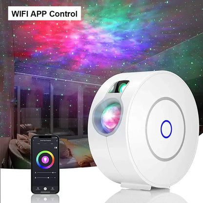 White circular dynamic galaxy star projector light with glowing lens and blue accent ring for bedroom ceiling decor