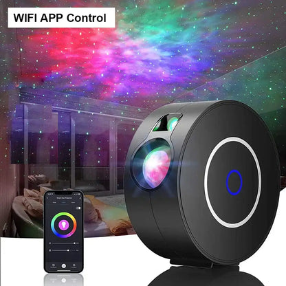 Black cylindrical dynamic galaxy star projector light with glowing lens and led ring for wifi app control in bedroom decor