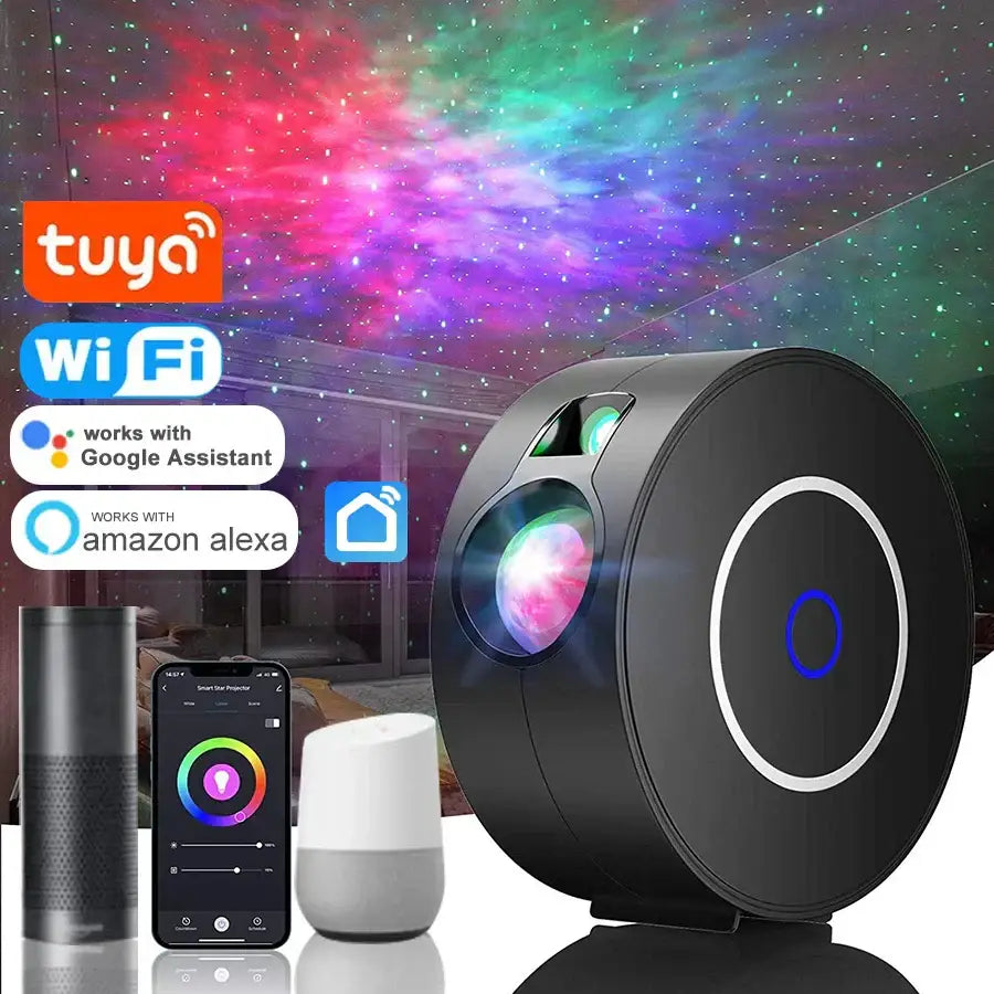 Black cylindrical dynamic galaxy star projector light with glowing circular light ring and colorful LED display for bedroom decor