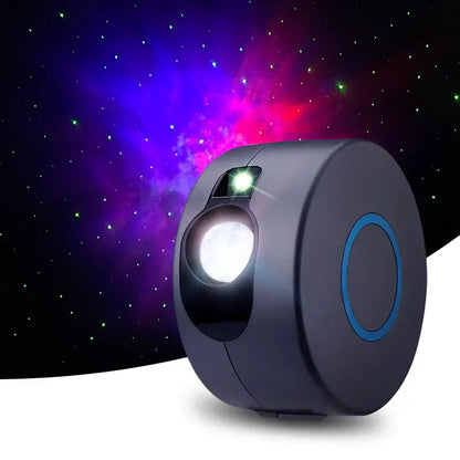 Dark gray cylindrical galaxy star projector with blue accent casting vibrant purple and pink dynamic galaxy star light patterns