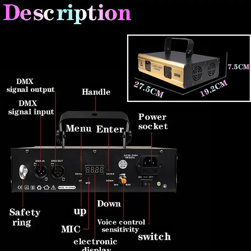 Black and gold dynamic geometric beam laser projector with handle ventilation grilles and labeled control inputs for living room party use