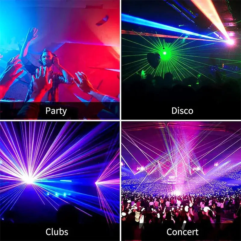 A vibrant beam laser projector displays dynamic blue green and purple geometric beams in a living room party setting