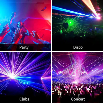 A vibrant beam laser projector displays dynamic blue green and purple geometric beams in a living room party setting