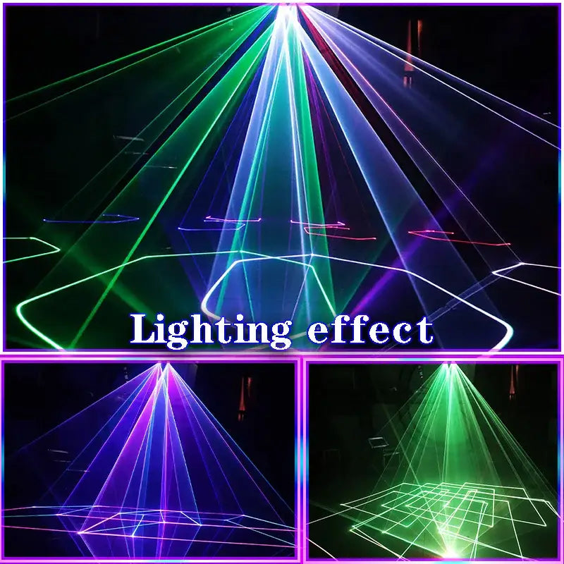 Vibrant multicolored laser projector beams projecting dynamic geometric patterns for living room party use