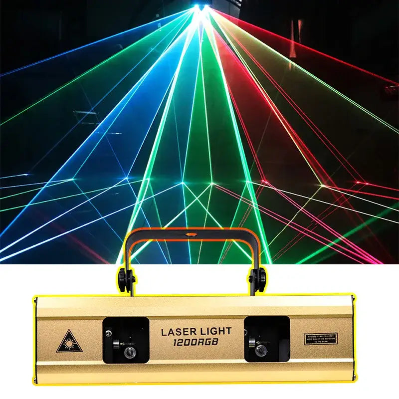 Gold-colored beam laser projector with handle emitting vibrant red green and blue beams for living room parties