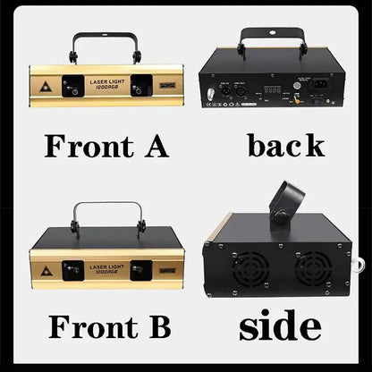 Gold and black beam laser projector with handle labeled laser light 1200rgb for living room party use