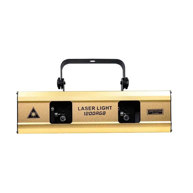 Gold-colored rectangular beam laser projector with black handle and control knobs for living room party light use