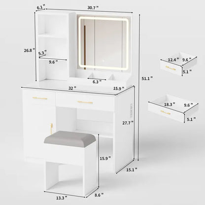 Makeup Vanity Desk With Mirror And Lights, White Vanity Table With Power Outlet And 3 Lighting Modes, Dressing Table Set With Cabinet Drawers Shelves And Storage Stool For Bedroom