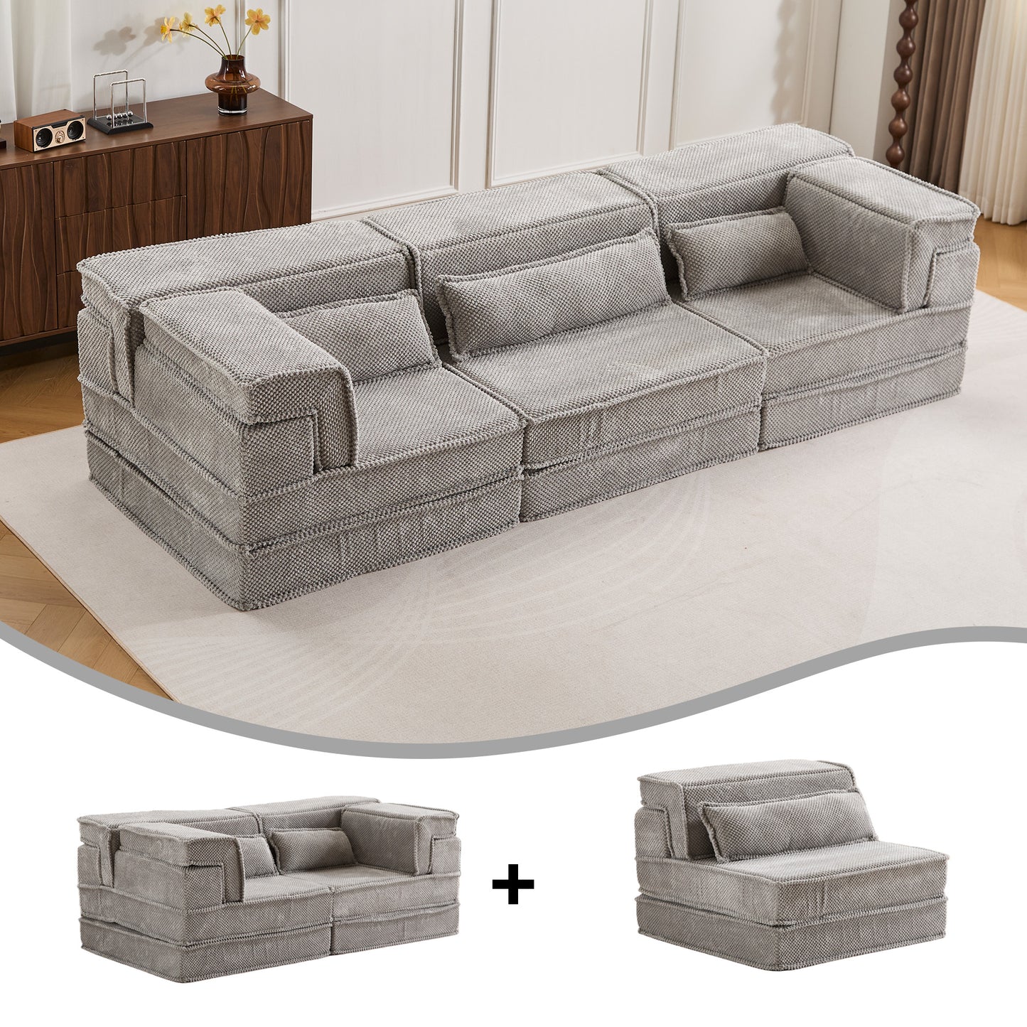 Compression Mahjong Sofa,Convertible Floor Sofa Bed,DIY Boneless Modular Sectional Sofa,No Assembly Required,Circle Fleece Fabric,Oversized 3 Seater With 3 Pillows,Light-Grey