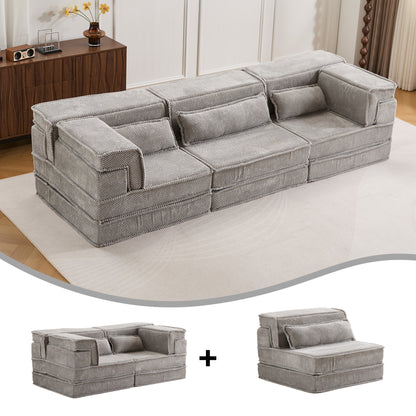 Compression Mahjong Sofa,Convertible Floor Sofa Bed,DIY Boneless Modular Sectional Sofa,No Assembly Required,Circle Fleece Fabric,Oversized 3 Seater With 3 Pillows,Light-Grey