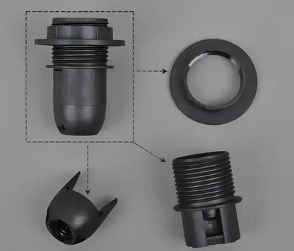 Black plastic e27 lamp bulb holder fitting with threaded fittings and flanged base for living room use